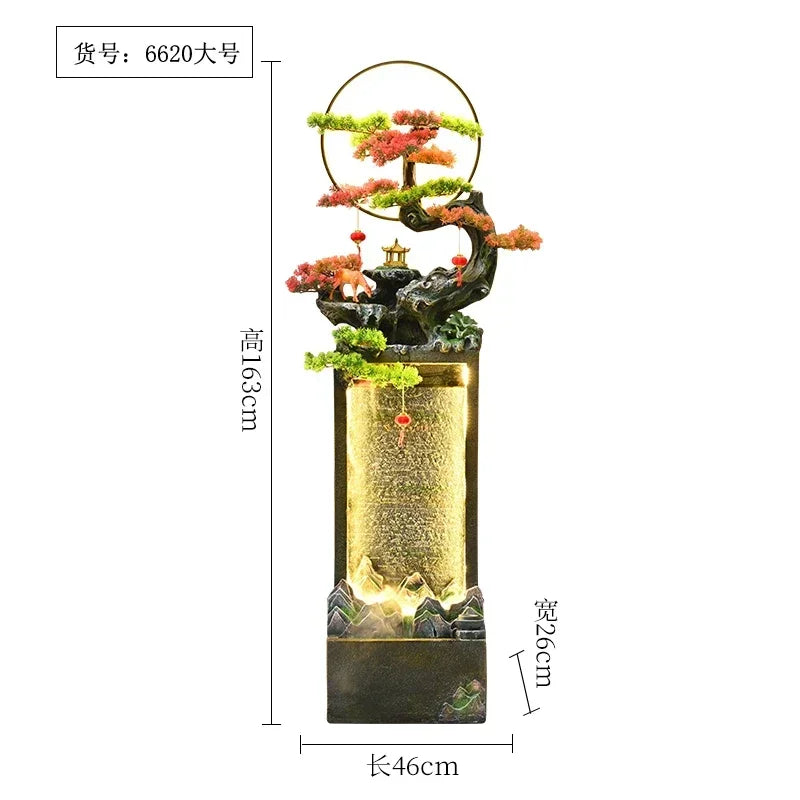 Moonlit Bonsai Waterfall 163 cm model with a 46 by 26 cm footprint and illuminated water panel.