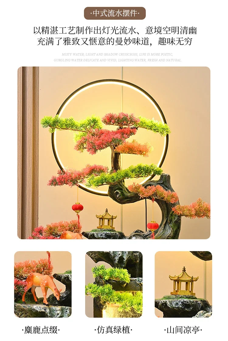 Moonlit Bonsai Waterfall detail collage showing the glowing ring, decorative deer, greenery and small pagoda.