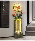 Moonlit Bonsai Waterfall beside a hallway step with a dark window blind and softly illuminated ring.