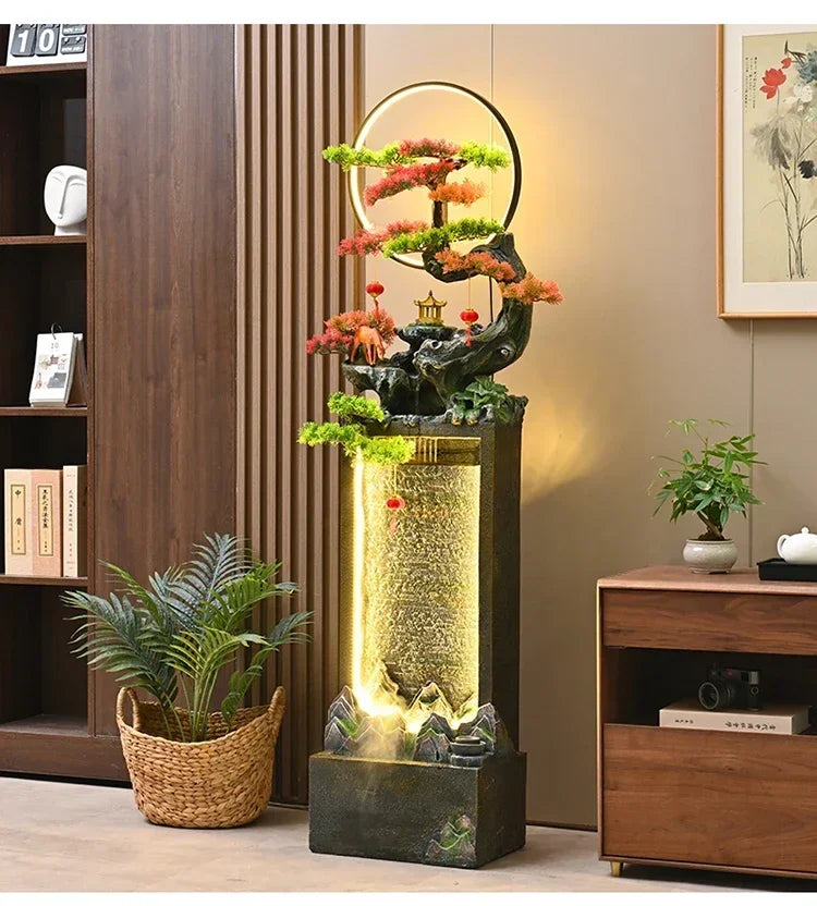 Moonlit Bonsai Waterfall glowing beside wood shelving, a woven planter and a low living room cabinet.