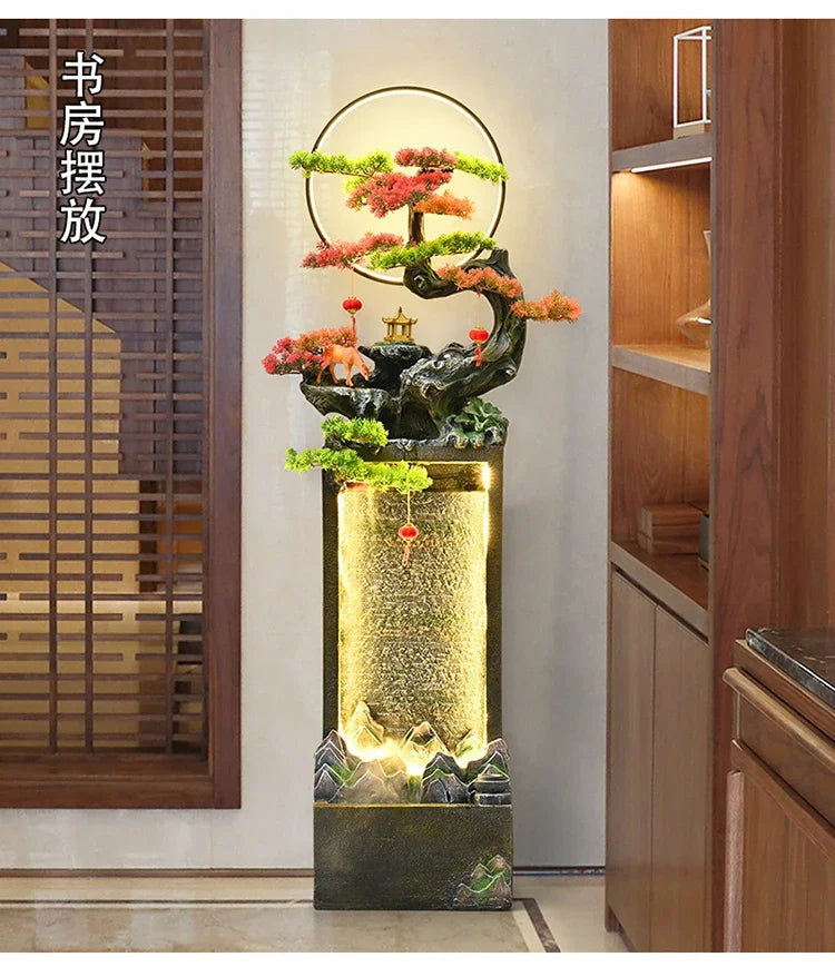 Moonlit Bonsai Waterfall placed between a wooden lattice screen and shelving in a study room setting.