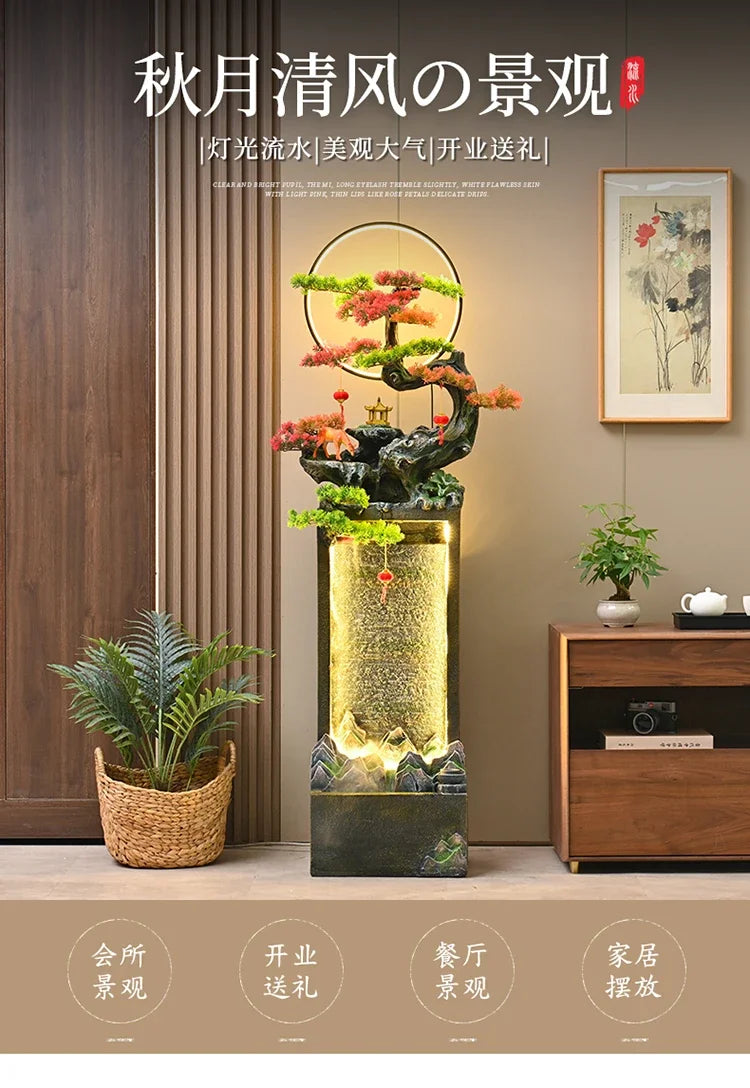 Moonlit Bonsai Waterfall full-height supplier display with an illuminated ring and colorful bonsai-style branches.