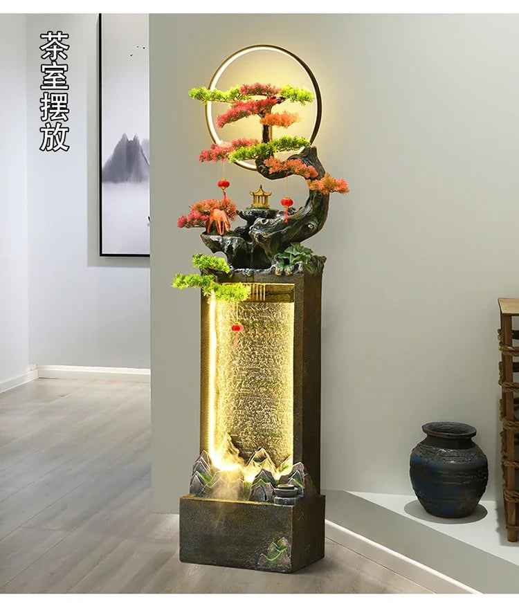 Moonlit Bonsai Waterfall in a tea room setting beside a low white display ledge and a dark ceramic vessel.