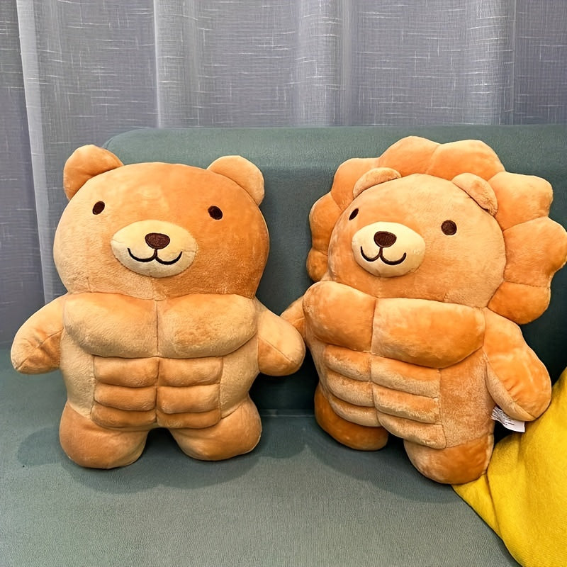 Muscle Buddy Stuffed Animal teddy bear and lion styles displayed together on a green chair