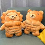 Muscle Buddy Stuffed Animal lion and teddy bear styles shown together in an alternate arrangement
