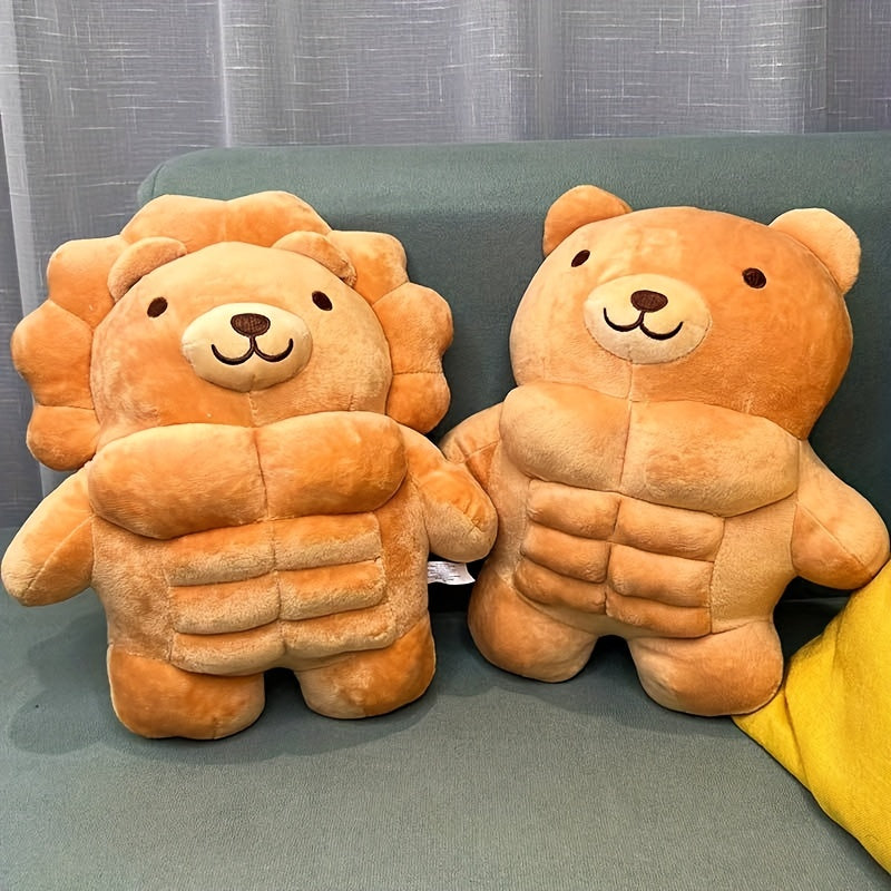 Muscle Buddy Stuffed Animal lion and teddy bear styles shown together in an alternate arrangement
