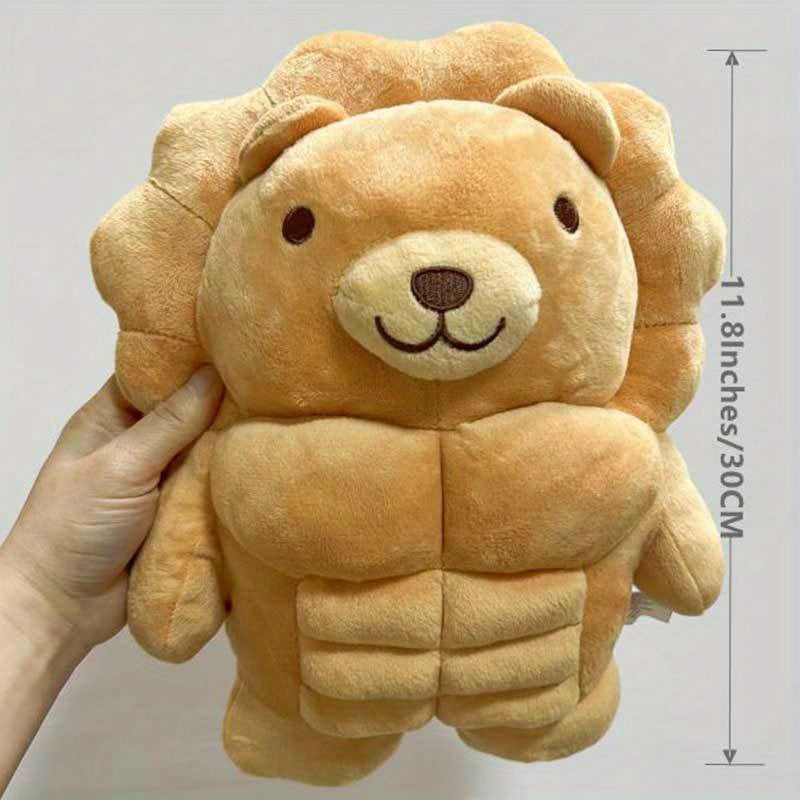 Muscle Buddy Stuffed Animal lion variant held upright to demonstrate its compact 30 cm size