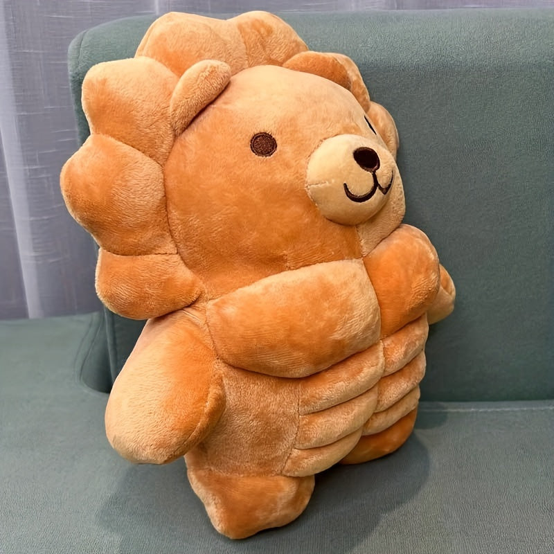 Muscle Buddy Stuffed Animal lion style viewed from the side with its plush mane and rounded body