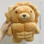 Muscle Buddy Stuffed Animal lion held by hand beside an 11.8-inch 30 cm height guide