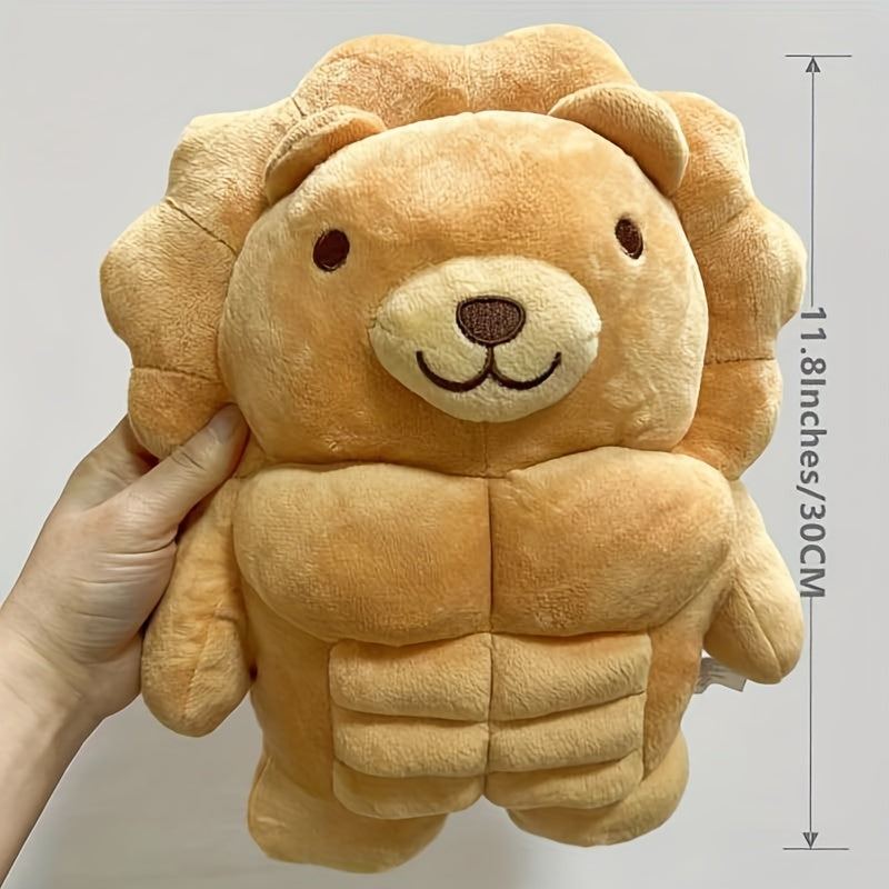 Muscle Buddy Stuffed Animal lion held by hand beside an 11.8-inch 30 cm height guide