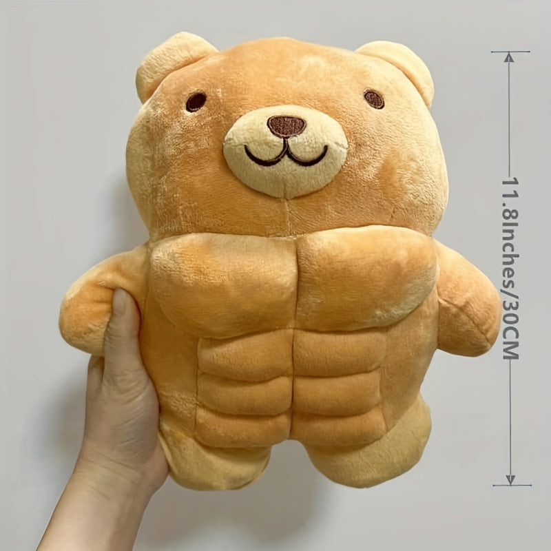 Muscle Buddy Stuffed Animal teddy bear held by hand beside an 11.8-inch 30 cm height guide