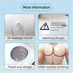 Four close-up views of the Muscle Man Pool Float showing its valve, warning label, cup holder and printed torso