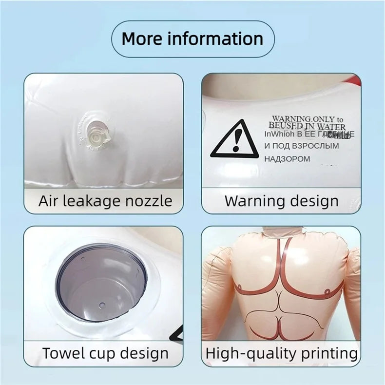 Four close-up views of the Muscle Man Pool Float showing its valve, warning label, cup holder and printed torso