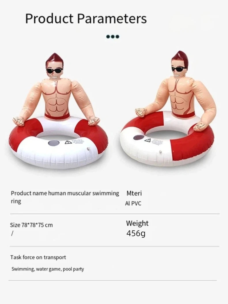 Muscle Man Pool Float specification graphic showing PVC material, 78 by 78 by 75 cm dimensions and 456 g weight