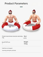 Muscle Man Pool Float specification graphic showing PVC material, 78 by 78 by 75 cm dimensions and 456 g weight