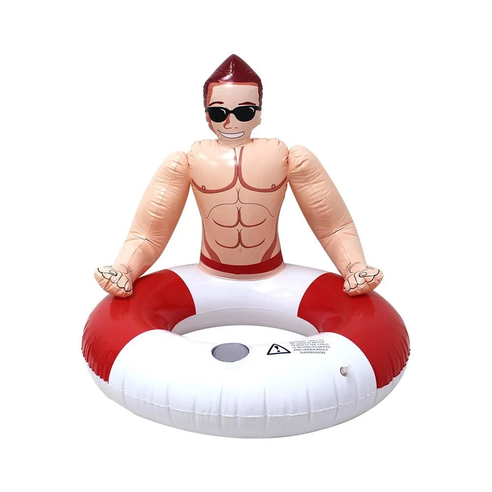 Front view of the Muscle Man Pool Float with cartoon muscles, sunglasses and a red and white swim ring