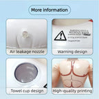 Muscle Man Pool Float detail collage showing the inflation valve, printed warning, cup holder and character chest