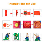 Muscular Rooster Costume setup guide showing battery box, blower attachment, and dressing steps