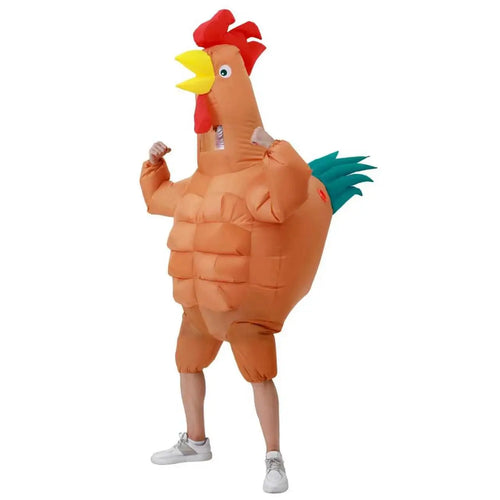 Muscular Rooster Costume in a flexing pose showing the full orange body, red comb, and teal tail