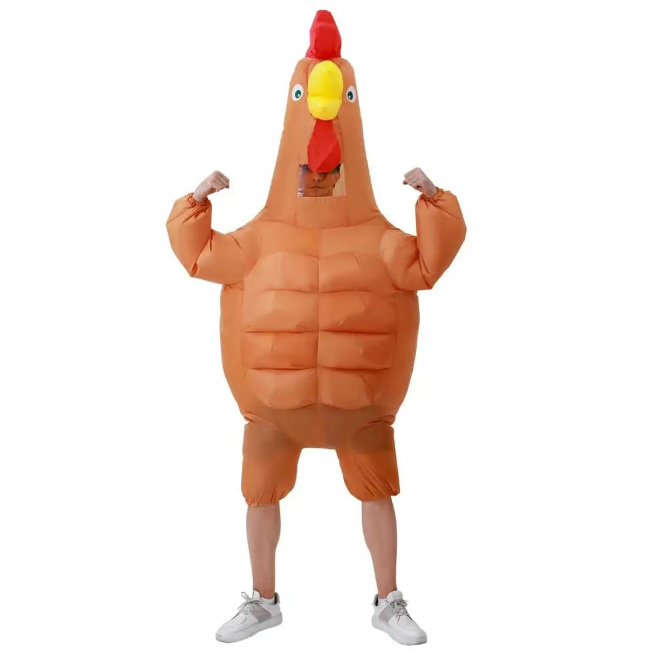 Muscular Rooster Costume front view with raised arms and exaggerated inflatable muscles