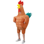 Muscular Rooster Costume full-body front view with padded abs, yellow beak, and teal tail