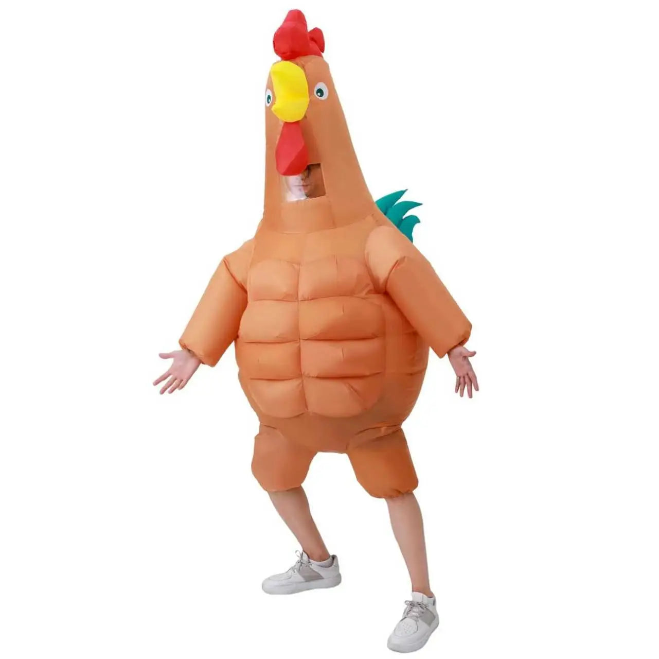 Muscular Rooster Costume front view with open arms, face window, and inflated body