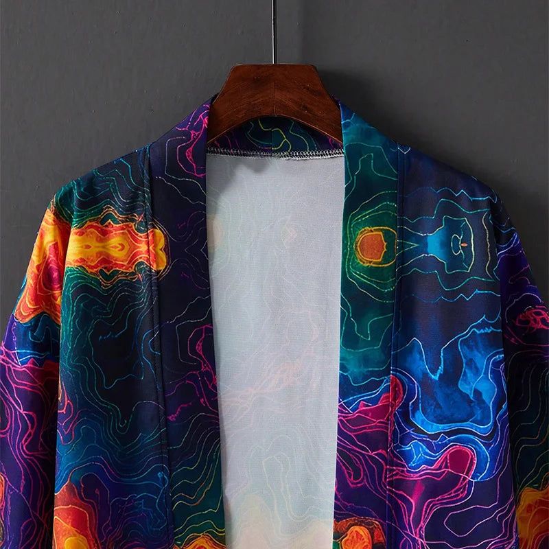 Neon Contour Print Kimono close-up of the open-front collar, multicolor print and inner neckline stitching.