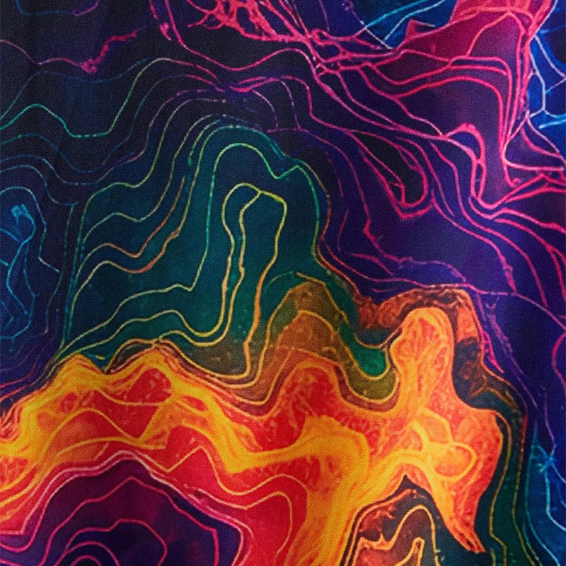 Neon Contour Print Kimono fabric close-up with pink, yellow, green and blue topographic-style lines.
