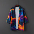 Neon Contour Print Kimono open-front view on a hanger, showing wide sleeves and a pale fabric reverse.