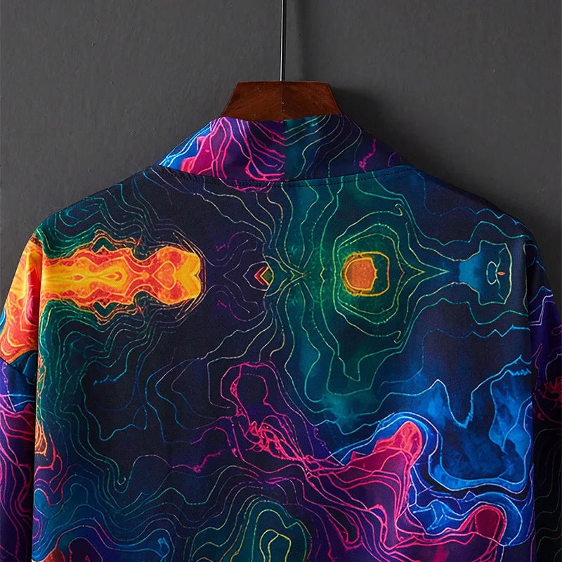 Neon Contour Print Kimono upper-back detail with blue, pink, green and orange contour lines.