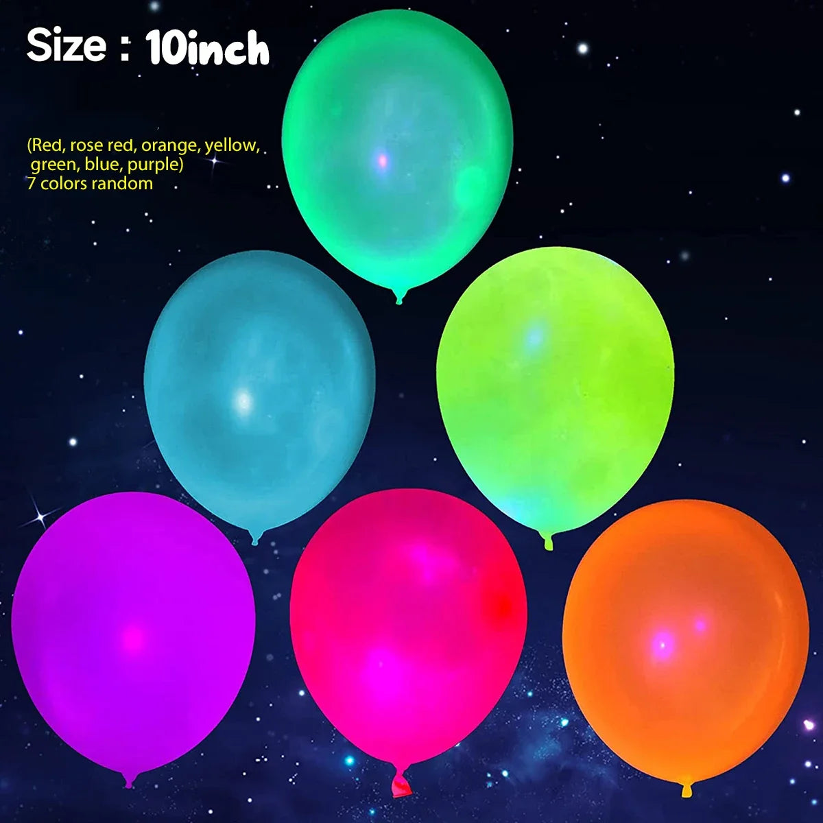 Neon Pop Party Balloons color display with a supplier guide showing a 10-inch inflated size.
