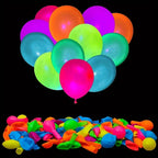 Neon Pop Party Balloons in assorted bright colors, shown inflated above a pile of uninflated balloons.