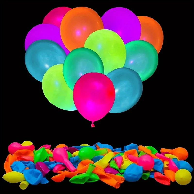 Neon Pop Party Balloons in assorted bright colors, shown inflated above a pile of uninflated balloons.