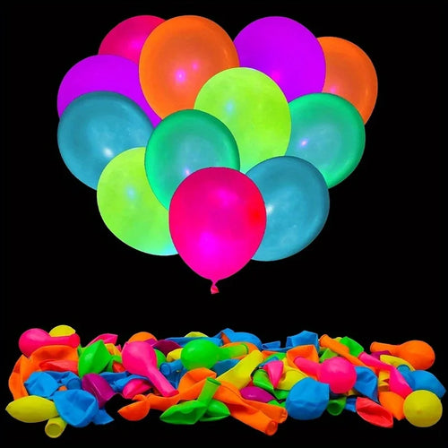 Neon Pop Party Balloons in assorted bright colors, shown inflated above a pile of uninflated balloons.
