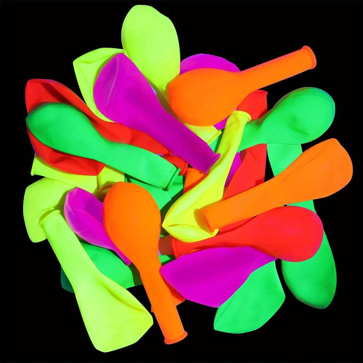 Neon Pop Party Balloons close-up of uninflated green, pink, orange, yellow, red and purple balloons.