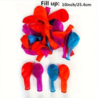 Neon Pop Party Balloons uninflated in assorted colors beside a 10-inch, 25.4 cm inflation size guide.