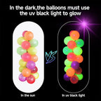 Neon Pop Party Balloons in daylight and UV blacklight, showing the blacklight needed for the glow effect.