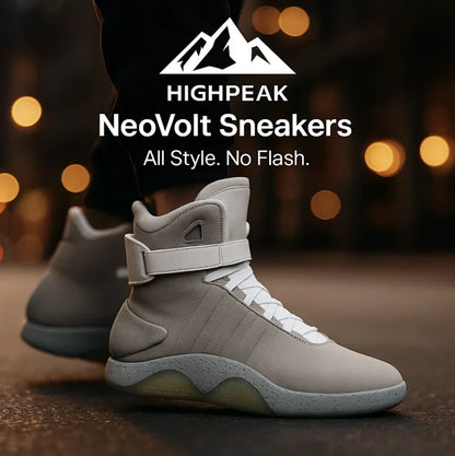 HighPeak NeoVolt Sneakers in light gray with sleek design and padded ankle strap on urban night street background