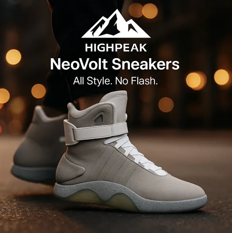HighPeak NeoVolt Sneakers in light gray with padded high-top design worn on city streets at night