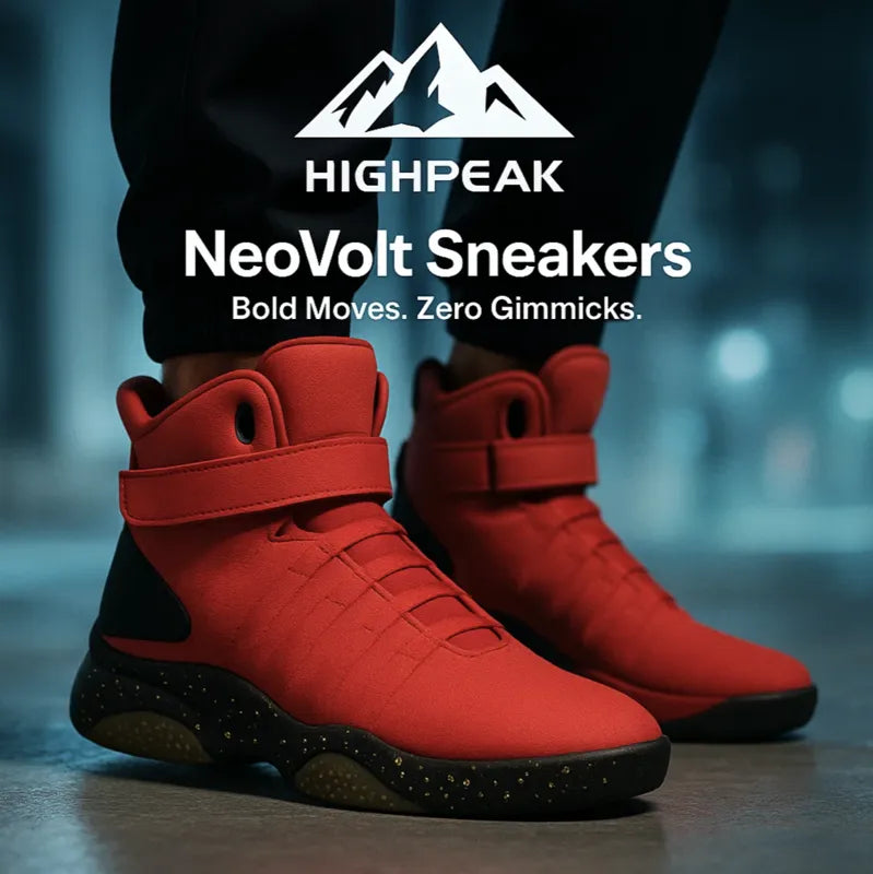 HighPeak NeoVolt Sneakers in red with black speckled soles, showcasing a bold, futuristic unisex design on city pavement.