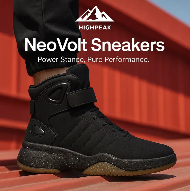 HighPeak NeoVolt Sneakers in black with cushioned sole and high-top design on urban stairs, showcasing sleek futuristic style