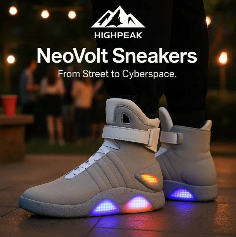 HighPeak NeoVolt Sneakers in gray with LED lights glowing blue and orange at a night party setting