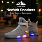 HighPeak NeoVolt Sneakers in gray with LED lights glowing blue and orange at a night party setting