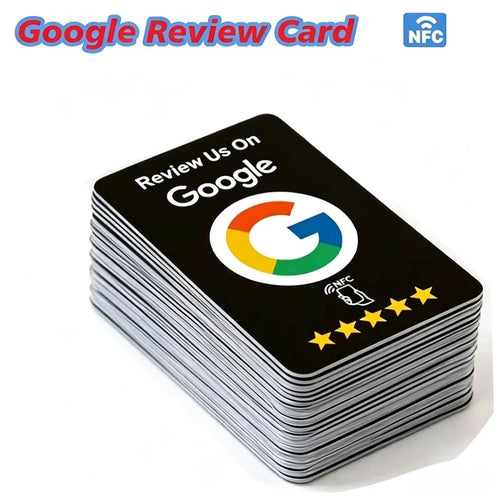 Stack of black NFC review cards printed with a Google logo and five yellow stars