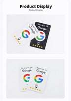 Product display showing overlapping black and white printed NFC review cards