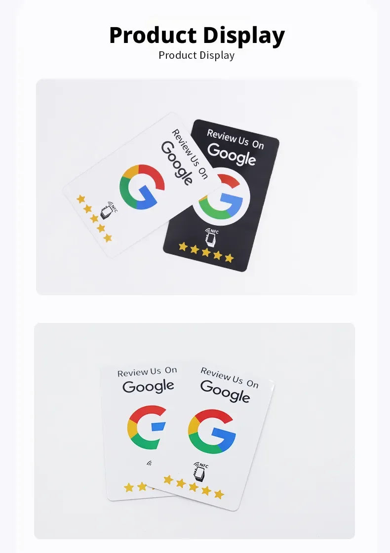 Product display showing overlapping black and white printed NFC review cards