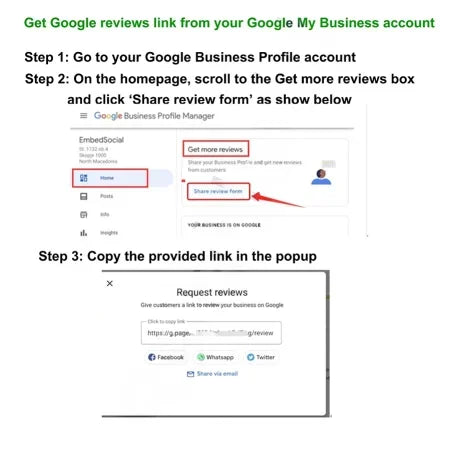 Supplier guide showing how to copy a business review link from Google Business Profile