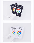 Gloved hand holding black NFC review cards above a second view of white cards