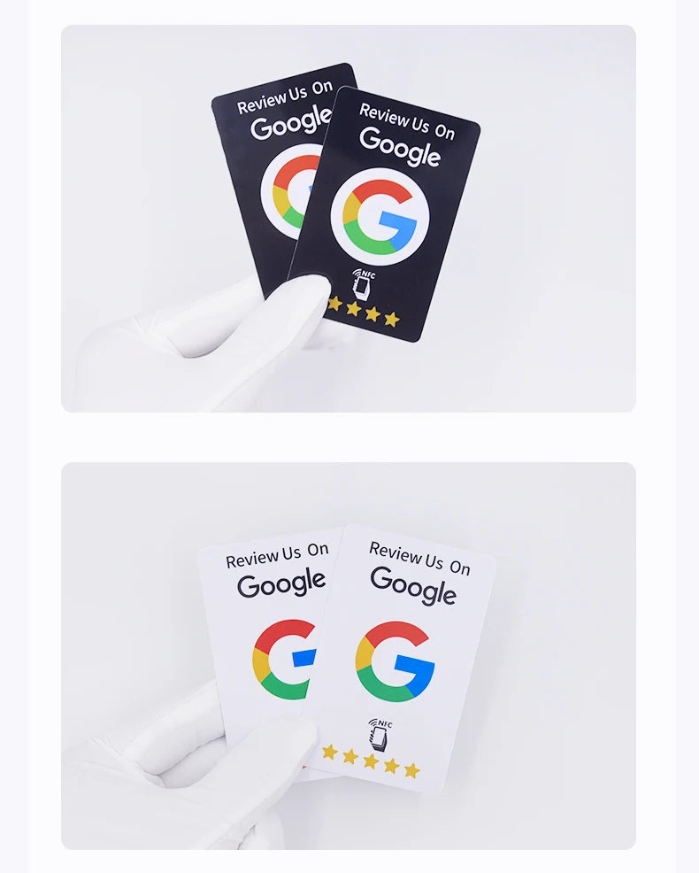 Gloved hand holding black NFC review cards above a second view of white cards
