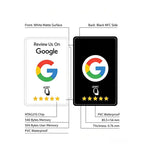 NFC review card diagram showing white front, black back, dimensions and NTAG215 chip details